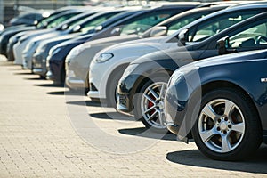 row of used cars. Rental or automobile sale services