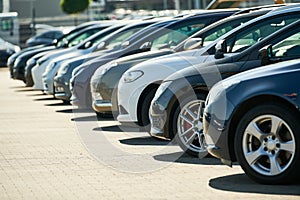 row of used cars. Rental or automobile sale services