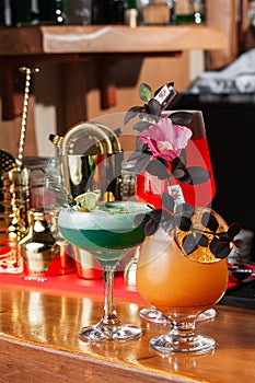 Row of various colourfull alcoholic cocktails on on the bar counter. Glasses of differen shapes. Cocktail card. Bar menu. Vertical