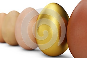 Row of various eggs. In focus a gold egg. Unique egg. Happy easter, 3d illustration