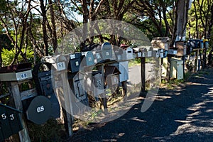 A row of various shaped and sized mail boxes by the side of the road in rural New Zealand