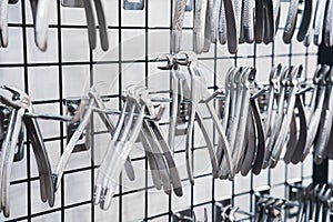 row of various stainless steel dental extraction forceps tools hanging on display