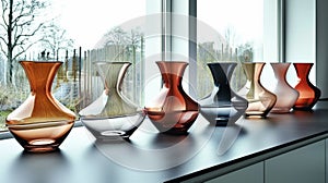 A row of vases lined up on a counter by the window, AI