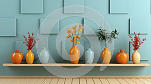 A row of vases sitting on top of a wooden shelf. Generative AI image.