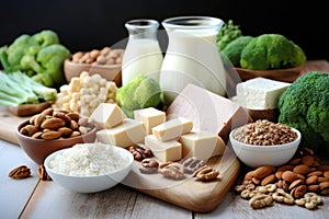 row of vegan protein sources: legumes, nuts, seeds, and tofu