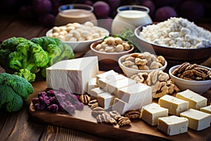 row of vegan protein sources: legumes, nuts, seeds, and tofu