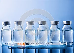 Row of vials and syringe on blue table front view