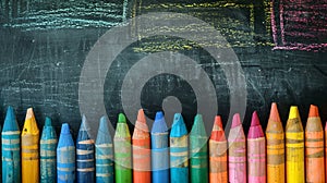 Row of Vibrant Colored Pencils in Front of a Chalkboard, Ready for Art or School. Generative AI photo