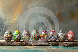 A row of vibrant Easter eggs displayed on a rustic wooden table