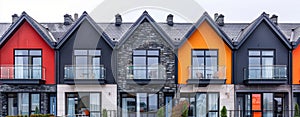 Row of vibrant houses with colorful facades under a clear sky