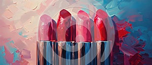 Row of vibrant lipstick shades with a backdrop of abstract paint smears, ideal for beauty and cosmetics advertising
