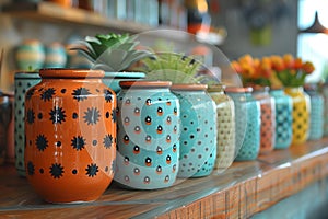 A row of vibrant vases displayed on a wooden shelf