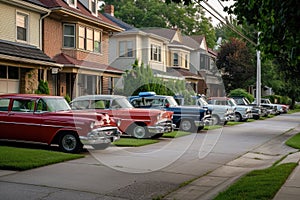 A row of vintage automobiles from past eras parked in a neat formation on the side of a scenic road, A mid-century American