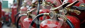 Row of vintage red fire extinguishers with brass valves