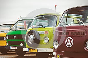 Row of vintage Volkswagen Transporter buses from the seventies