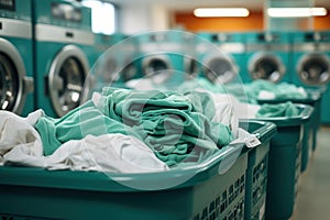 Row of washing machine of laundry business in the public store. Generative AI