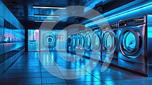 a row of washing machines are lined up in a laundromat