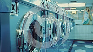 a row of washing machines are lined up in a laundromat