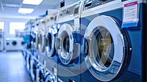 a row of washing machines are lined up in a laundromat