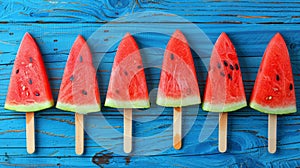 A row of watermelon slices on popsicle sticks against a blue background