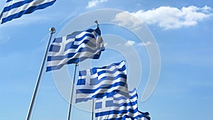 Row of waving flags of Greece agaist blue sky, 3D rendering