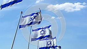 Row of waving flags of Israel agaist blue sky, 3D rendering