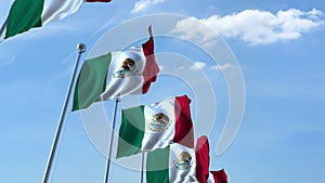 Row of waving flags of Mexico agaist blue sky, 3D rendering