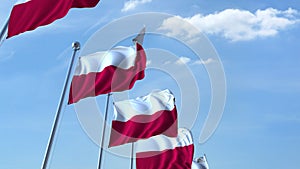Row of waving flags of Poland agaist blue sky, 3D rendering