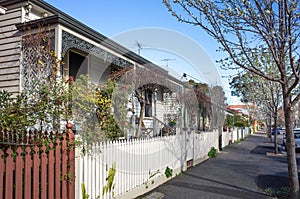 A row of weatherboard houses with Victorian-era wrought iron lacework and wooden fence in an Australian suburb. photo