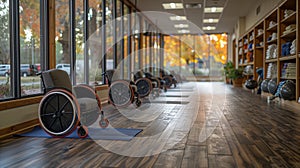 Row of Wheelchairs on Wooden Floor