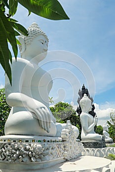 Row of white cement buddha statue with sunlight. A row of white Buddha statues at the Brahma Vihara Arama Temple in Bali