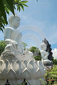 Row of white cement buddha statue with sunlight. A row of white Buddha statues at the Brahma Vihara Arama Temple in Bali