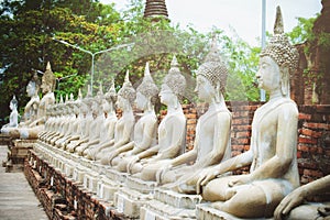 Row of white cement buddha statue with sunlight at Wat Yai Chai Mongkol, Phra Nakhon Si Ayutthaya, Thailand. Beautiful of historic