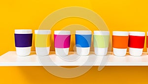 Row of white ceramic cup with colorful pantone silicone cup