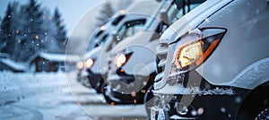 Row of white commercial delivery vans in winter with copy space, transportation service concept