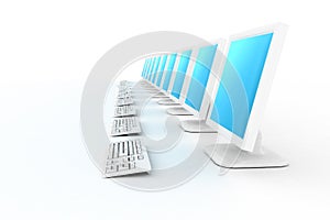 row of white computers with b