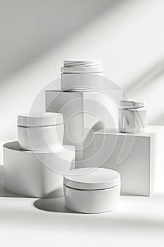A row of white containers are displayed on a white pedestal