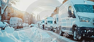 Row of white delivery vans in winter day, transport service company concept with copy space