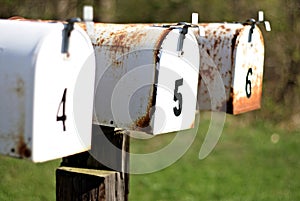 A row of white mailboxes
