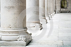 Row of white marble columns. Greek marble pillars detail