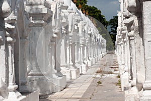 Row of white pagodas in Kuthodaw temple,Myanmar.