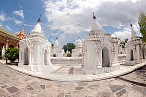 Row of white pagodas in Kuthodaw temple,Myanmar.