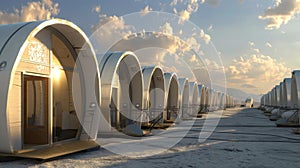 Row of White Portable Toilets on Sandy Beach