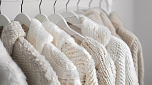 A row of white sweaters hanging on a rack in front of the wall, AI