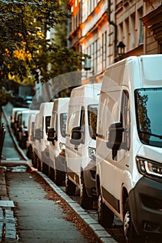 A row of white vans parked on the side of a street. Generative AI