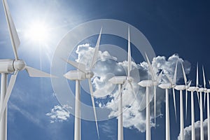 Row windmills on sky background. 3D illustration