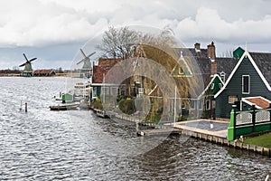 Row of windmills of the Zaanse Schans in Holland, the Netherlands