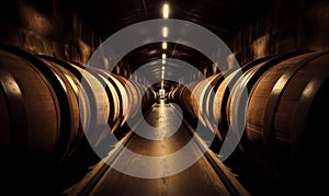 A Row of Wine Barrels in a Spacious Cellar. A long row of wine barrels in a cellar