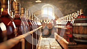 Row of Wine Bottles on Wood Shelf photo
