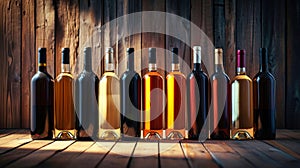 Row of Wine Bottles on Wooden Floor in Wine Cellar